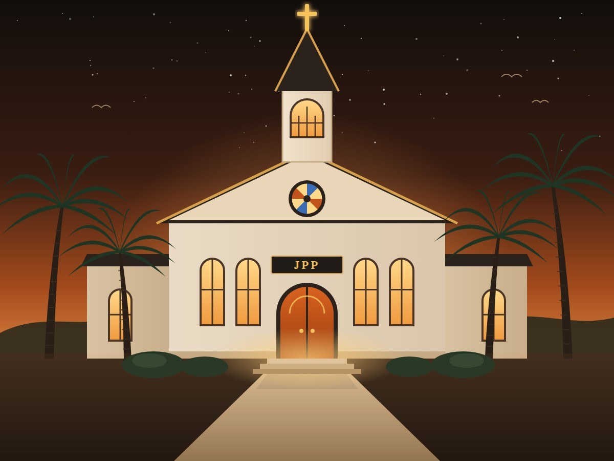 Illustration of the Jesus Palace of Praise church building at dusk
